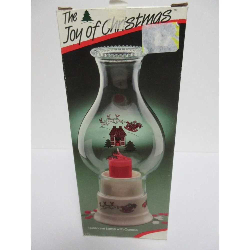 Brazil Glass Beaded Rim Hurricane Lamp & Ceramic Candle Holder Santa Sleigh XMAS